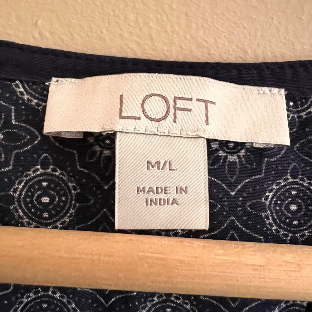 LOFT Navy Blue White Bandana Patchwork Tile Print Kimono Cardigan Open Front M/L - Picture 9 of 9